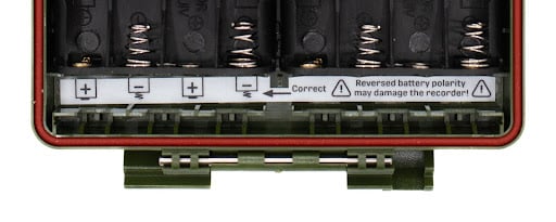 A narrow adhesive label installed inside the Song Meter's enclosure shows the correct orientation for the first four battery slots and reads "Reversed battery polarity may damage the recorder!"