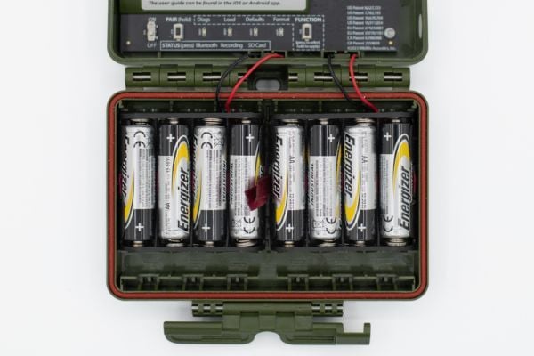 With the Song Meter open, the left-most battery should be positioned with its positive, protruding end facing down. The adjacent battery should have its positive, button end facing up. Each battery in the set should face the opposite direction of its neighbors.
